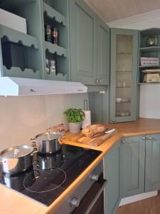 a kitchen with green cabinets and a stove with two pots at Superkoselig familiehus med lekerom - Barnevennlig in Vossevangen