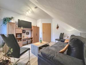 a living room with a couch and a tv at Am Sonnenblick in Werda