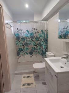 a bathroom with a toilet and a shower curtain at Marys Home Eretria in Malakóndas