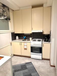 a small kitchen with a stove and a sink at Edullinen kaksio in Töysä