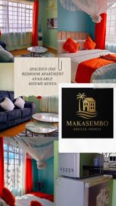 Un collage de fotos de una habitación de hotel con una cama y un letrero en Makasembo breeze homes, en Kisumu