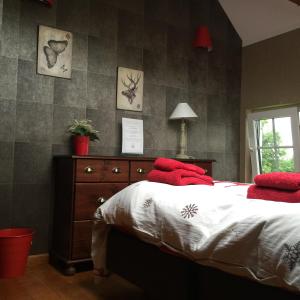 1 dormitorio con 1 cama con mantas rojas y vestidor en Le Papillon d'or en Arlon