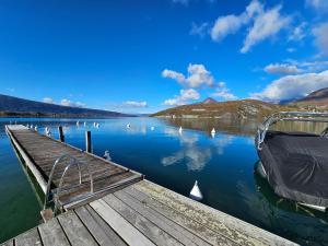 a dock with a bunch of swans on a lake at Studio Cosy avec Plage et Parking Privés au bord du Lac D'Annecy in Duingt