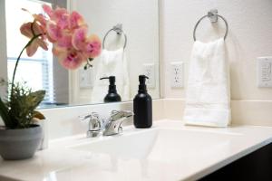 a bathroom sink with a bottle of soap and a mirror at TONKA in Austin +18 photos