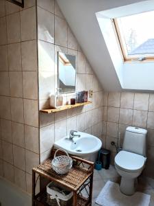 a bathroom with a toilet and a sink with a skylight at Privat Mária in Liptovský Ján +40 photos