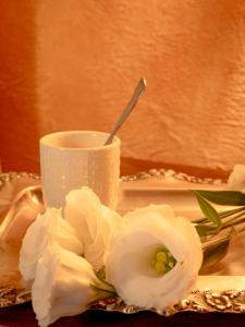 Ein Teller mit weißen Blumen neben einer Tasse in der Unterkunft La Foresteria at Casaforte Bergum by the Gates of Cividale del Friuli 