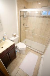 Un baño con ducha, inodoro y lavabo. en Gorgeous Chalet in the Poconos w/ Hot Tub!, en Locust Lakes Village
