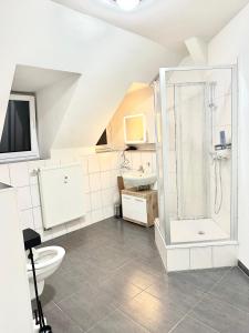 a bathroom with a shower and a toilet and a sink at Aparthotel in Chemnitz