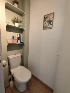 La salle de bains est pourvue de toilettes blanches et d'étagères. dans l'établissement Appartement Le Refuge du Vautour, à Bielle