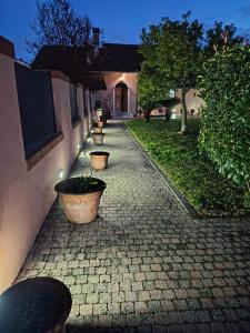 Ein Backsteinweg mit Topfpflanzen an der Seite eines Gebäudes in der Unterkunft Joe's apartments in Carrara