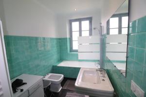 a green and white bathroom with a sink and a toilet at L'Oustal de Salers in Salers +30 photos