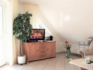 Una sala de estar con un televisor sobre un mueble de madera. en Birkmaase 14 - Komfort FeWo im 4-Sterne-Ferienhaus Anselm DG, en Zingst