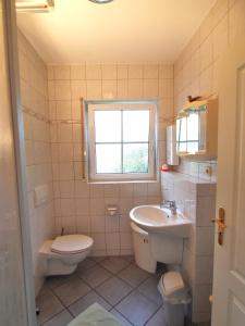 Un baño pequeño con inodoro y lavabo. en Birkmaase 16 - Komfort FeWo im 4-Sterne-Ferienhaus Manuela EG, en Zingst 2 fotos más