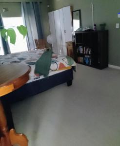 a bedroom with a bed with a green stuffed animal on it at Goose On Uitvlught Self Catering Accommodation Room2 in Montagu