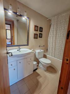 Un baño con lavabo, inodoro y espejo. en Confort excelente- Chimenea, sol y bien equipado - Falcó 10, en Pla de l'Ermita 11 fotos más