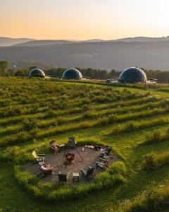 a group of people sitting around a campfire in a field at Barrel Hot Tub at 'The Eagle Dome' in Franklin in Franklin