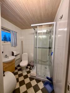 een badkamer met een douche, een toilet en een wastafel bij Sobakken Camping in Bardu