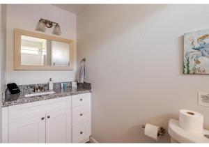 ein Badezimmer mit Waschbecken, Spiegel und Toilette in der Unterkunft Blue Lagoon with Hot Tub and Golf Cart! in Bolivar Peninsula + 28 Fotos