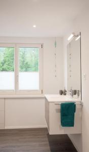a white kitchen with a sink and two windows at Ferien Im Toggenburg in Ebnat