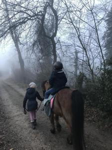 een paar mensen rijden op een paard op een onverharde weg bij Landhaus Freche Socke in Buchhorst