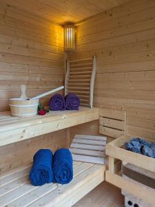 een sauna met blauwe handdoeken in een houten hut bij Landhaus Freche Socke in Buchhorst