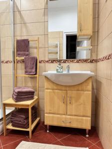 a bathroom with a sink and a mirror at Forst Apartman in Eger +14 photos