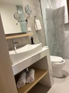 ein Badezimmer mit Waschbecken, Toilette und Spiegel in der Unterkunft Hotel Alcalà Centro in Guadalajara