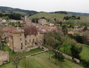 an aerial view of an old building in a village at Chateau d'Albon - Maréchale d'Albon in Saint-André-dʼApchon