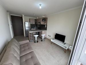 Depto a pasos de la playa, vistas al mar في لا سيرينا: غرفة معيشة مع أريكة وتلفزيون +6 صور