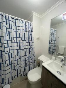 Depto a pasos de la playa, vistas al mar في لا سيرينا: حمام مع مرحاض ومغسلة وستارة دش