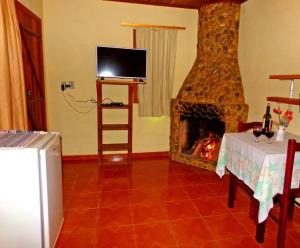 ein Wohnzimmer mit Kamin und Fernseher in der Unterkunft Chalé Canário da Terra 2 in Visconde De Maua