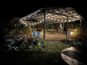 a pavilion with lights in a garden at night at Całoroczny in Polańczyk