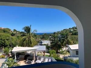 a view from a window of a house with palm trees at Casa Alta PR in Santa Maria