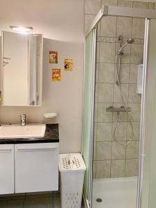 奥斯坦德Relaxed coastal stay - steps from beach & center的带水槽和淋浴的浴室