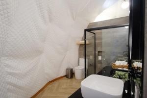 La salle de bains est pourvue de toilettes et d'un mur. dans l'établissement Cupulas Del Valle by Villa De La Rosa WiFi & AC Suite 5, à San Pablo