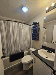 a bathroom with a white toilet and a sink at West Battle Lake w Lake Views in Battle Lake +72 photos
