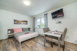 a bedroom with a bed and a table and a tv at Apartmany Agatha in Loučná nad Desnou