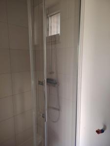 eine Dusche mit Glastür im Badezimmer in der Unterkunft Maisonnette au calme  + 7 Fotos