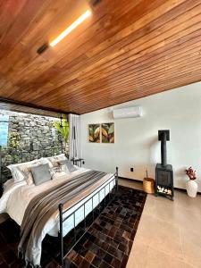 Un dormitorio con una cama y una chimenea. en Vista espetacular, piscina e banheira no quarto!, en Maria da Fé