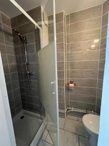 a bathroom with a shower with a toilet and a sink at Les Orchidées 1 in Le Tréport