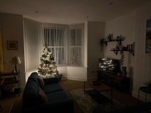 スランディドノにあるPrivate Parking, Central Llandudno, King Bed with Ensuite at Clement Lodgeのリビングルーム(クリスマスツリー、ソファ付)
