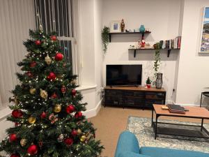 スランディドノにあるPrivate Parking, Central Llandudno, King Bed with Ensuite at Clement Lodgeのリビングルーム(テレビ前のクリスマスツリー付)