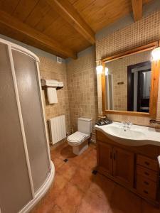 a bathroom with a toilet and a sink and a shower at Hostal Todolella in Todolella +44 photos