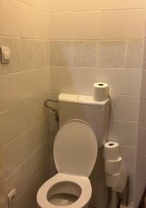 a bathroom with a toilet with two rolls of toilet paper at Pest Downtown Inn in Budapest