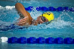a woman swimming in the water in a pool at Kilmokea Coach House in New Ross