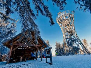 a log cabin in the snow with a large tower at Apartament w Sercu Gór z ogrodem in Wałbrzych