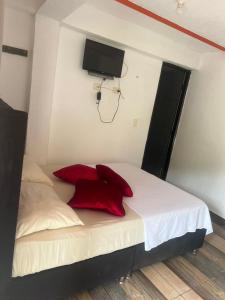 a bed with red pillows and a tv on the wall at Eco Hotel Parador de Rapi in Santa Rosa de Cabal +6 photos