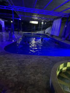 a pool with ducks swimming in it at night at Eco Hotel Parador de Rapi in Santa Rosa de Cabal