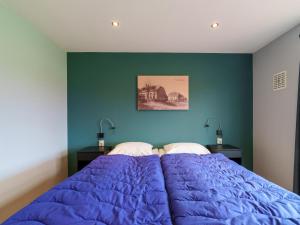 a bedroom with a bed with a blue wall at Regge en Weidezicht in Hellendoorn