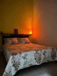 a bedroom with a bed with an orange wall at Flor da Ilha in Estação Quitaúna +5 photos